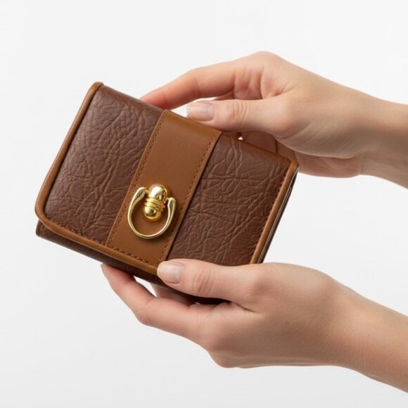 Women's Two-Tone Brown Gold Faux Leather Tri-Fold Wallet Small - Picture 1 of 8